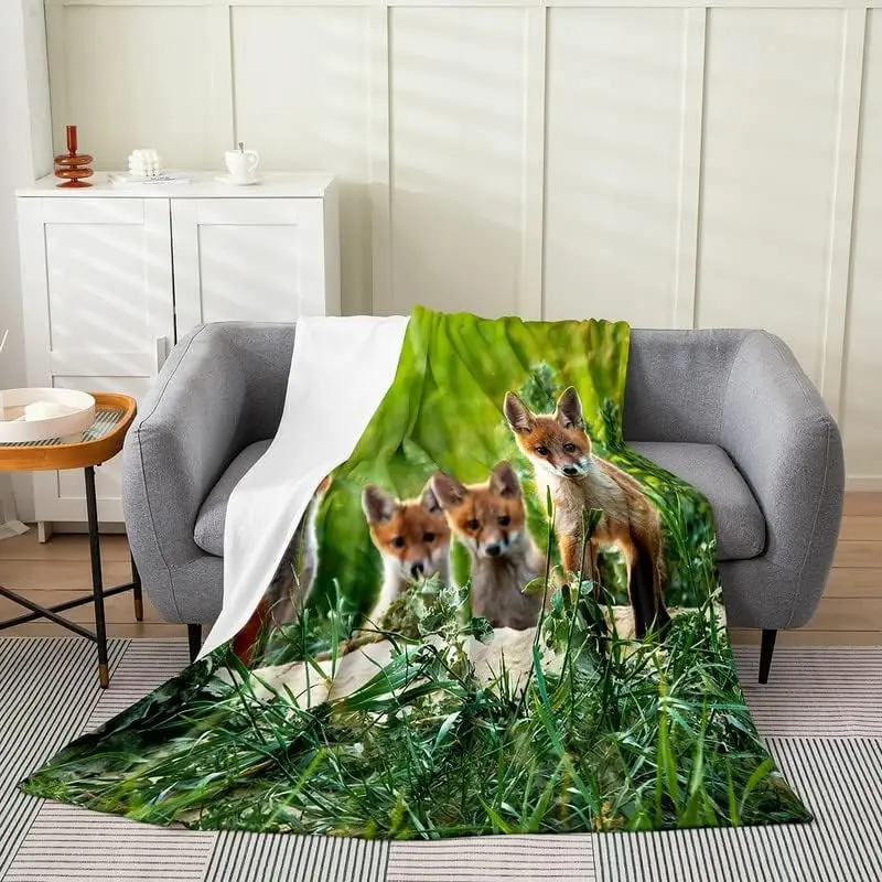 Fox Plush Throw Blanket, Cute Fox All Season,Bed Blanket Woodland Fox Flannel Fleece Blanket Nature Wildlife for Kids