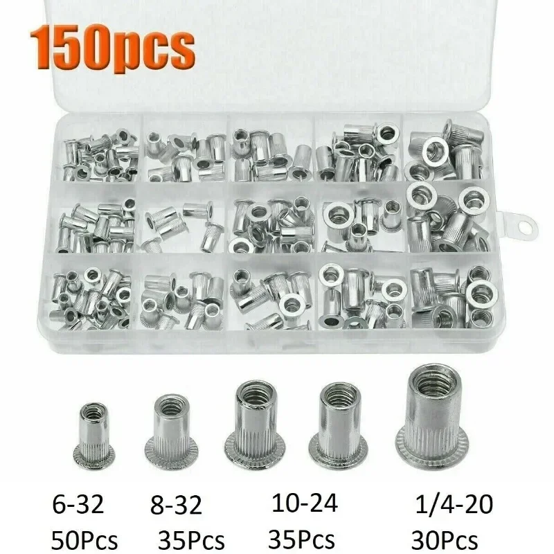 

150PCS Boxs Aluminium Threaded Rivets Nut Set Flat Head Threaded Rivet Insert Nutsert Cap Rivet Nut Assortment Kit 3D Printer