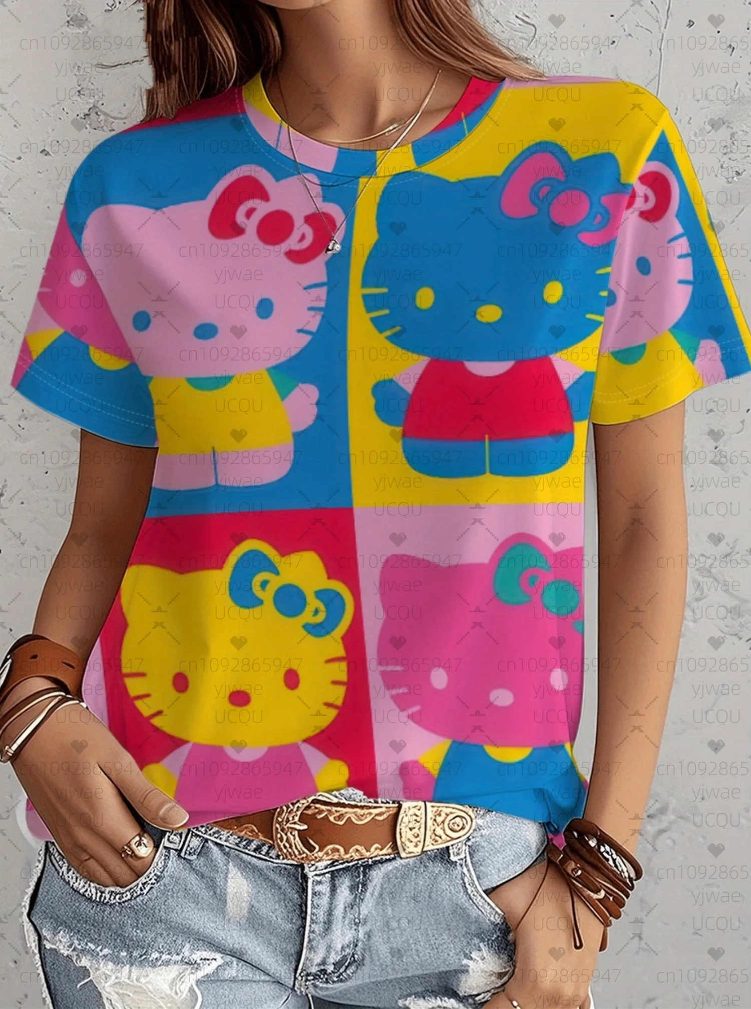 

Лидер продаж, летняя женская футболка с цветочным принтом «Hello Kitty» и круглым вырезом с короткими рукавами, повседневный топ большого размера, женская креативная спортивная домашняя футболка