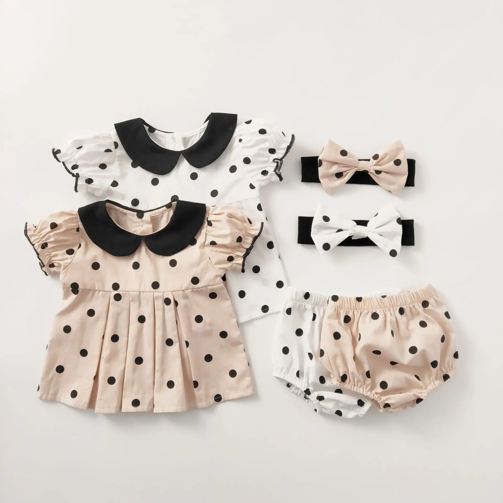 

New summer baby clothing, polka dot short sleeved top+bread pants+headband, 3-piece set for 0-2 year old girls
