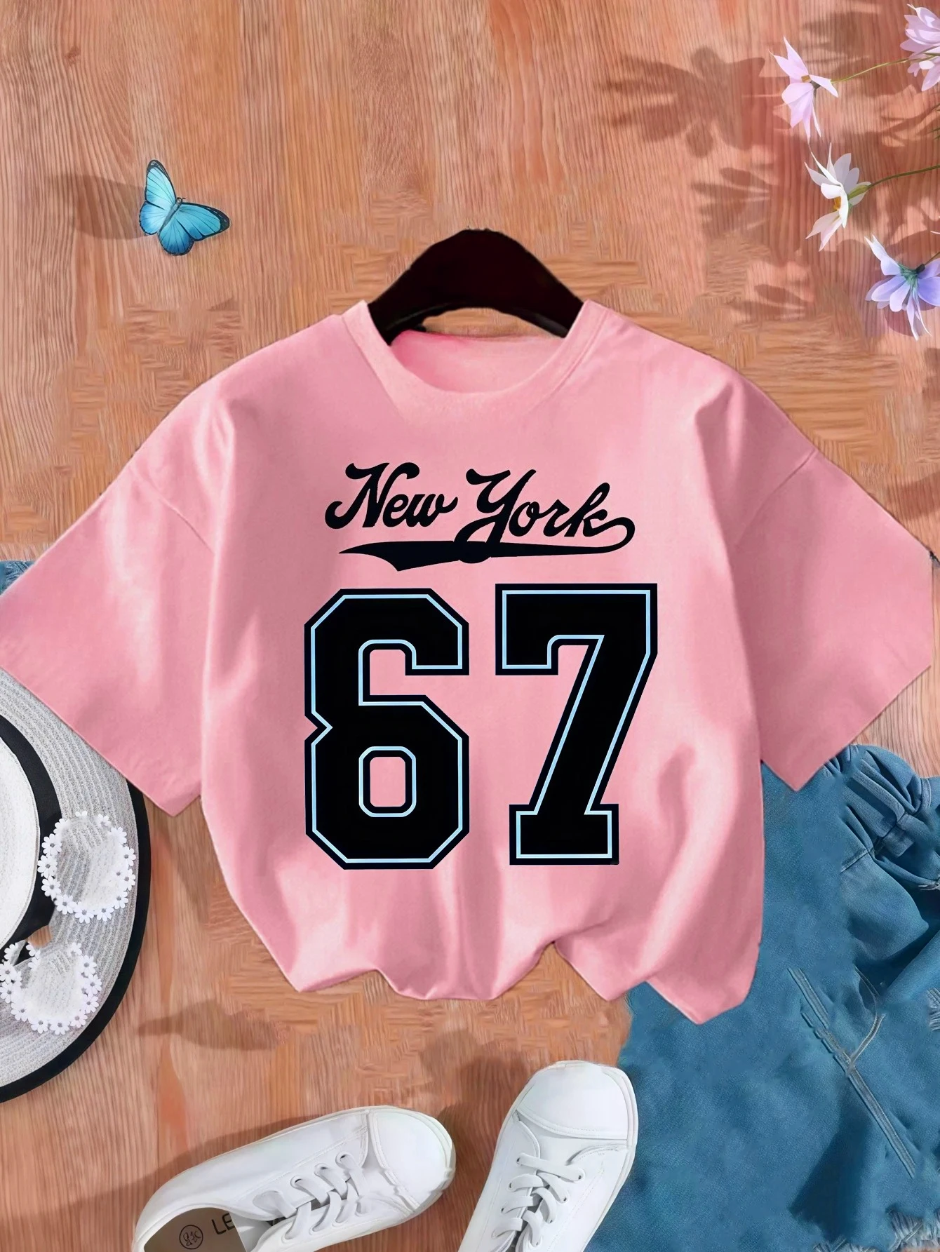 Girls' Number 67 New York Print Summer Short-Sleeve T-Shirt Pink Elastic Round Neck Children's Top Fashion Design Fashion Tops