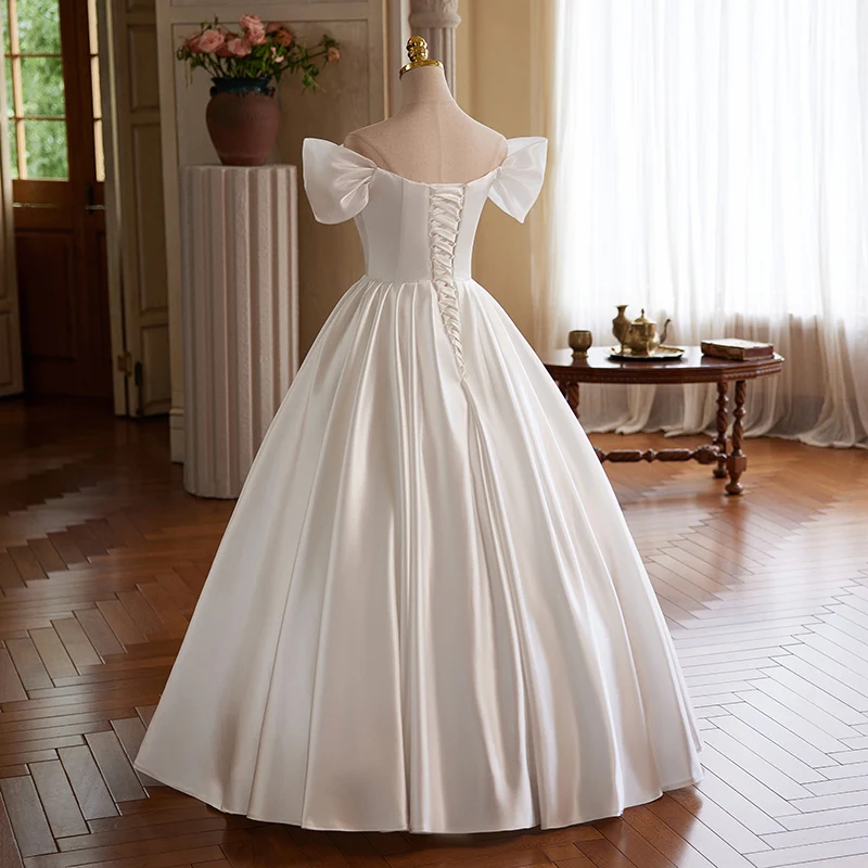 AnXin SH classic princess white satin rose flower boat neck short puff sleeve ball gown lace up party customized wedding dress