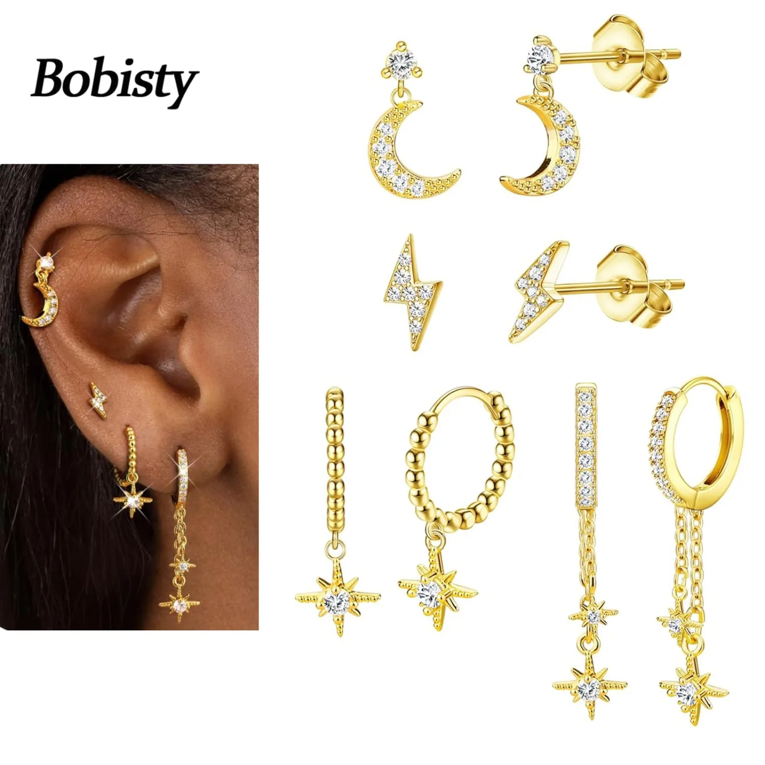 

Bobisty 4 Pairs 14K Gold Plated Dangle Earrings for Women CZ Hypoallergenic Hoop Earring Stud Stack Set Dainty Piercing Jewelry