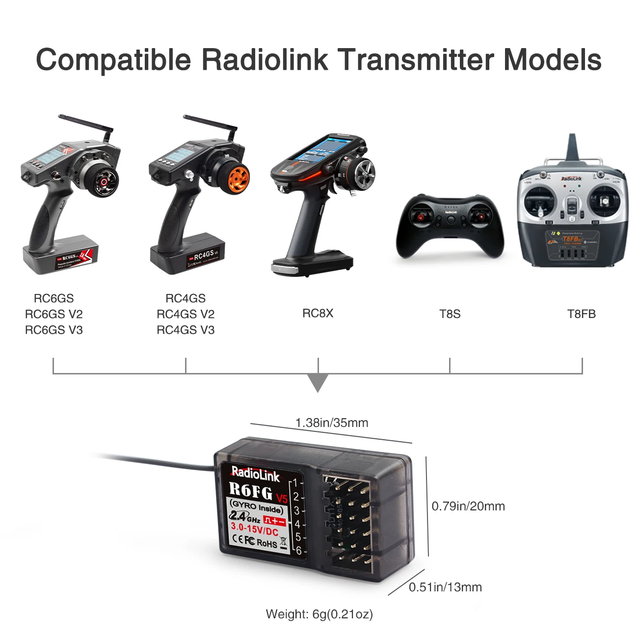 Radiolink RC Receiver R6FG 6 Channel 2.4G HV Servo RX with Gyro Long Range Control for RC Car Boat Transmitter RC4GS V2/RC6GS V2