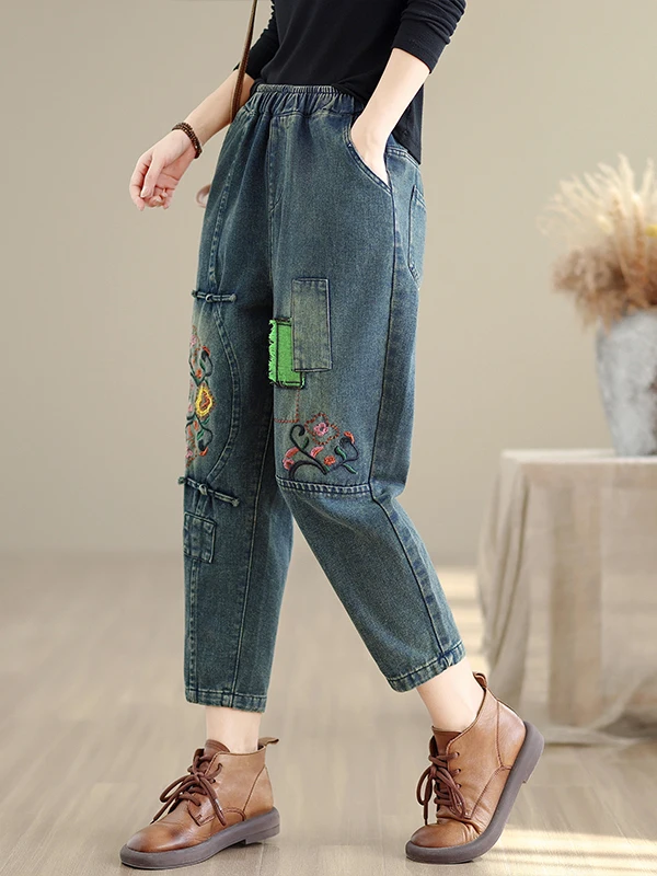 Pantaloni di jeans ricamati patchwork retrò Pantaloni lunghi Harlan di nove pezzi in vita elastica casual allentata da donna Nuovo arrivo autunnale