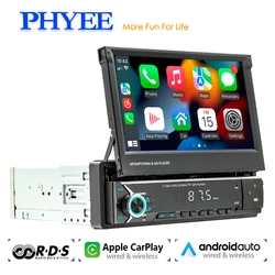 1 Din 7“ Car Radio, Wireless Carplay, Android Auto, RDS, Bluetooth, Retractable Touch Screen, USB Audio System Head Unit F9611W