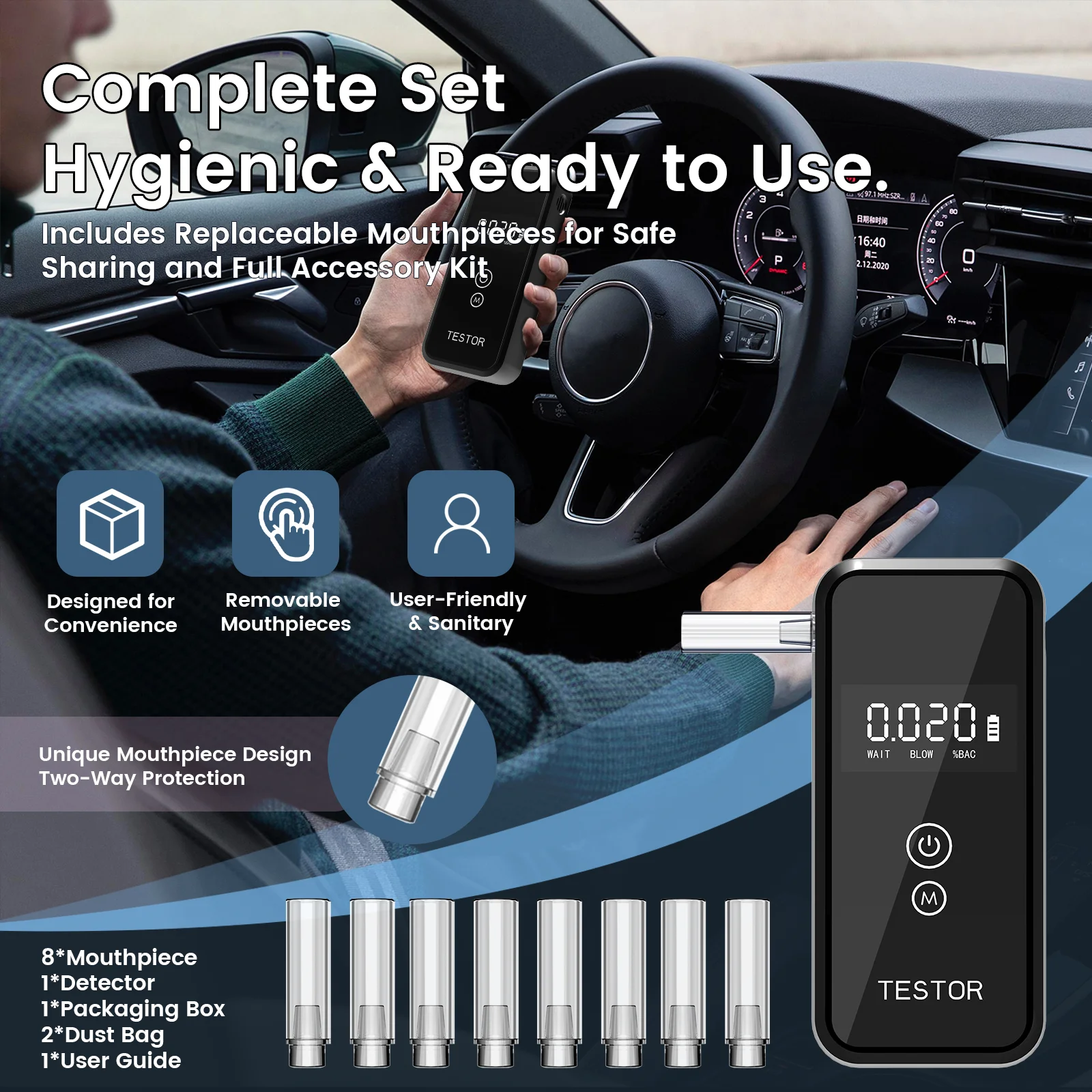 2026 Professional Digital Breathalyzer High Accuracy Alcohol Tester Portable LCD Alcohol Detector Alcometer 8 Mouthpieces USB