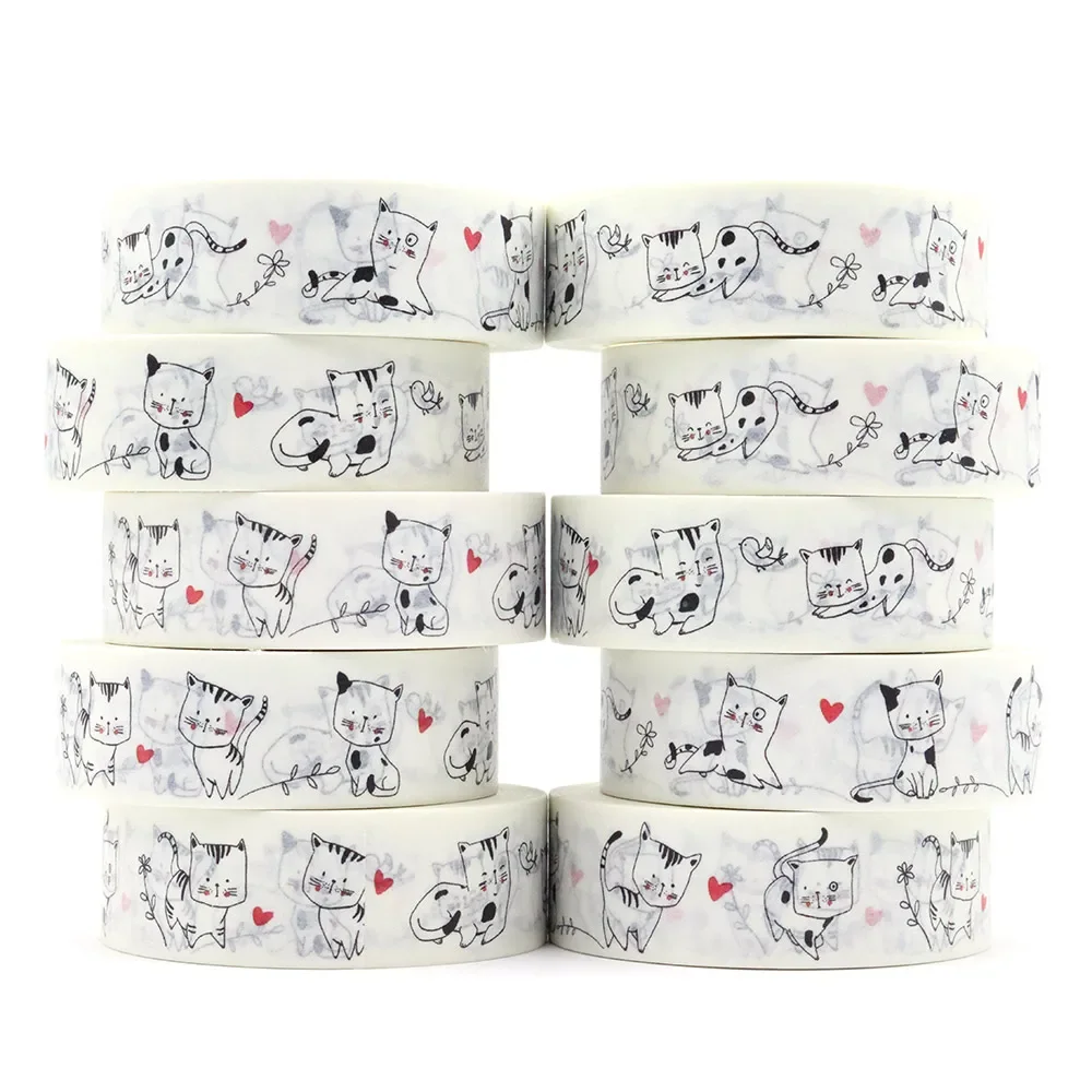 10PCS 15mm x 10m Cute Cats with Hearts Washi Tape for Scrapbooking Craft Masking Tape Stationery  DIY  Sticker Office supplies