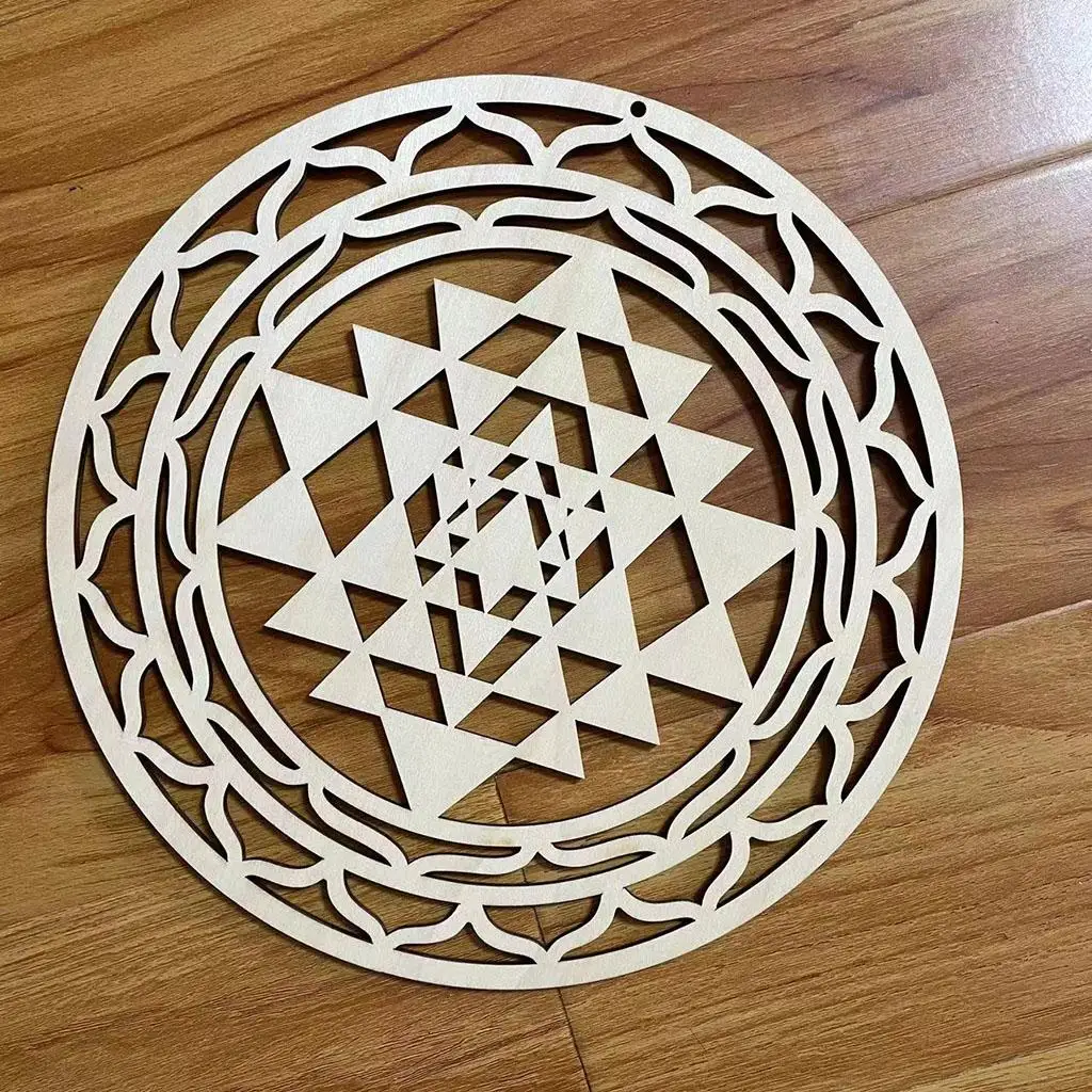Sri Yantra Wood Sign Decor Flower of Life Wall Hanging Wooden Sculpture for Buddha Home Decoration