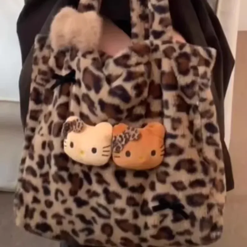 Xiuya Y2k Vintage Womens Shoulder Bag Hello Kitty Leopard Print Fashion Tote Bag Cute Bow Plush Large Capacity Ladies Handbag image 2