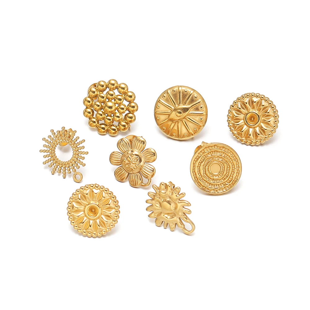 6Pcs Stainless Steel Round Sun Ear Studs Connectors with Loop Vintage Boho Earrings for DIY Handmade Jewelry Making Accessories