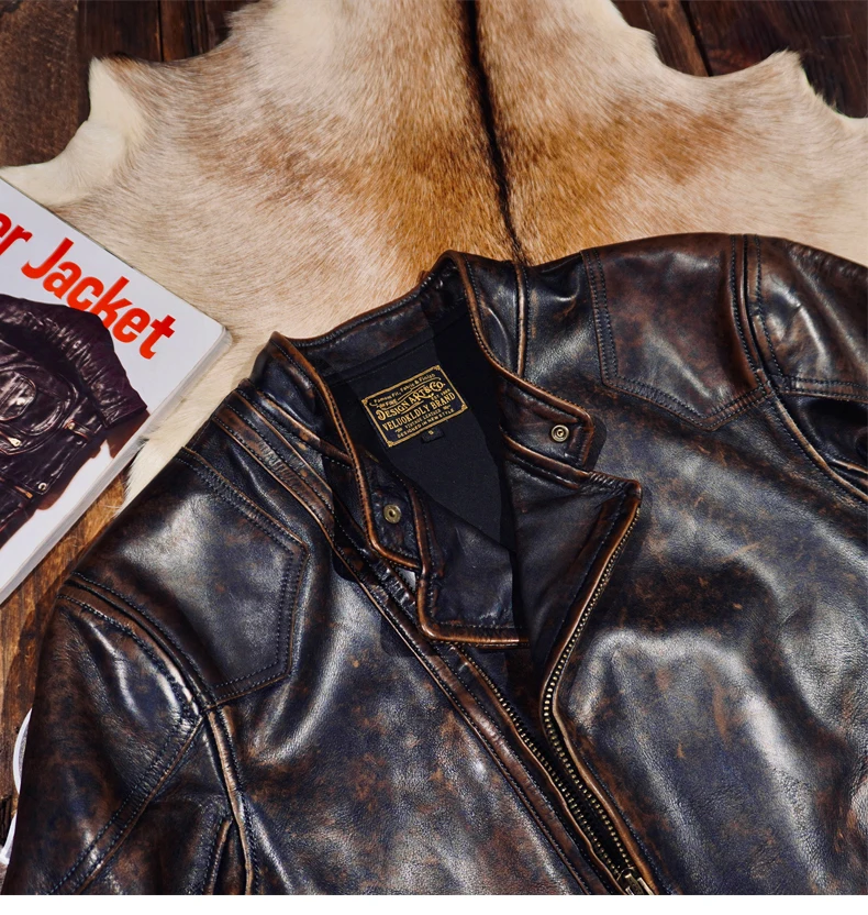 خياط براندو كلاسيكي R * L الحبوب الكاملة الخضار المدبوغة يدويا مخيط جلد البقر الرجال قطري البريدي سترة جلدية للدراجات النارية