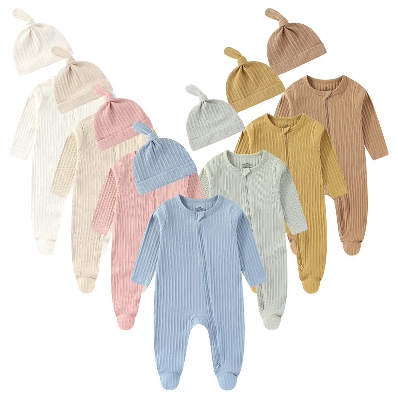 

1 комплект однотонной детской одежды унисекс, комбинезон на молнии для новорожденных мальчиков и девочек + шапка, комбинезон Four Seasons Bebe, мягкая одежда для младенцев