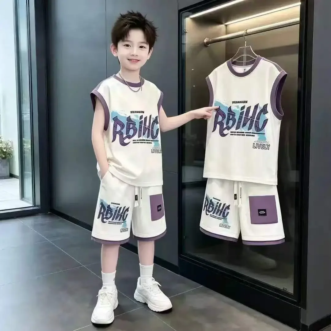 6548 Boys Summer 2-Piece Set Casual Sports Wear Printed T-Shirt Sleeveless Tank Top Shorts Trendy Basketball Outfit