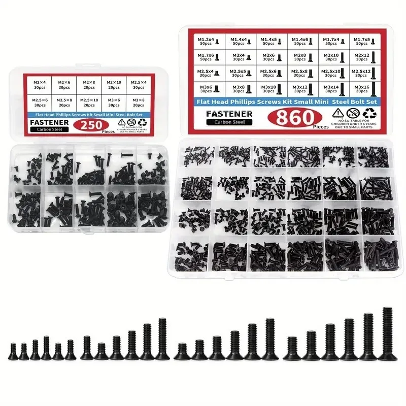 250 860pcs Black Micro Computer Screws Kit M1.2 M1.4 M1.7 M2 M2.5 M3 SSD HDD Laptop Notebook Eyeglass Repair Tools Set