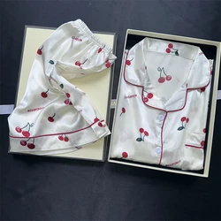 Cherries Print Two Pieces Pyjama Set Summer Faux Stain Pajamas Fashion Home Clothes Ladies Casual Shorts and Top Set Pijamas