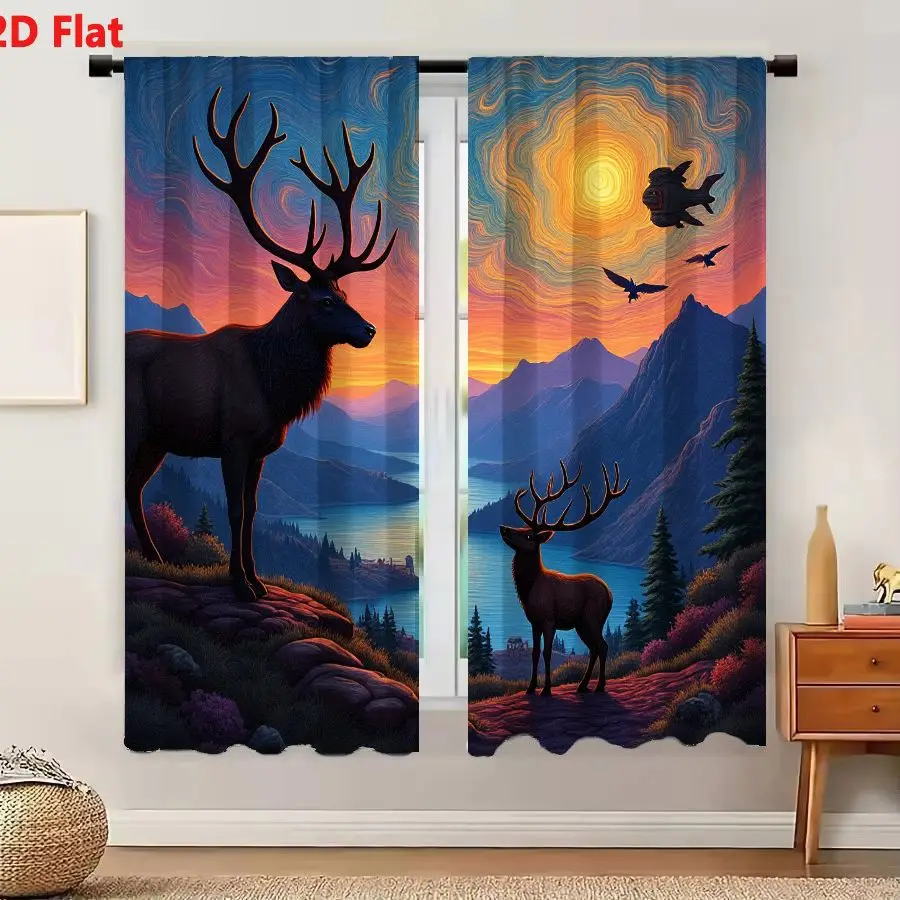 2Pcs Curtains 2D Flat Majestic Sunset Landscape Digital Painting With Ornate Deer, River, Castle, Swirling Sky, Flying Fish And