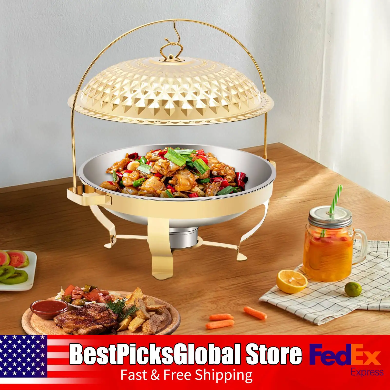 Stainless Steel Chafing Dish, 8L Gold Buffet Server with Lid, Food Warmer for Catering, Restaurant Buffet Serving Equipment