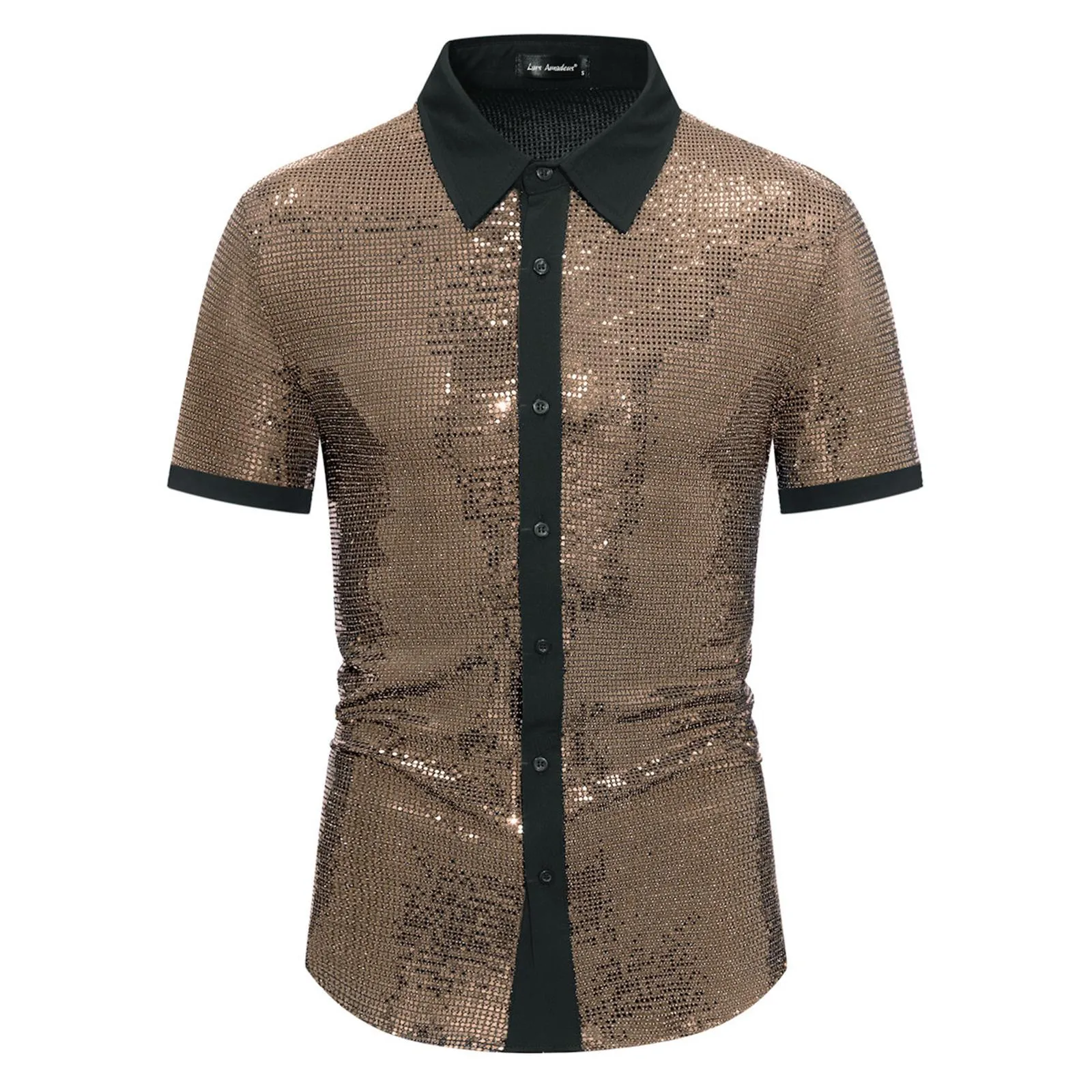 

Turn-down Shirt Collar Reflective Shiny Sequins Short Sleeve Button Down Shirt For Men Club Shirt Mens 70s Disco Costume