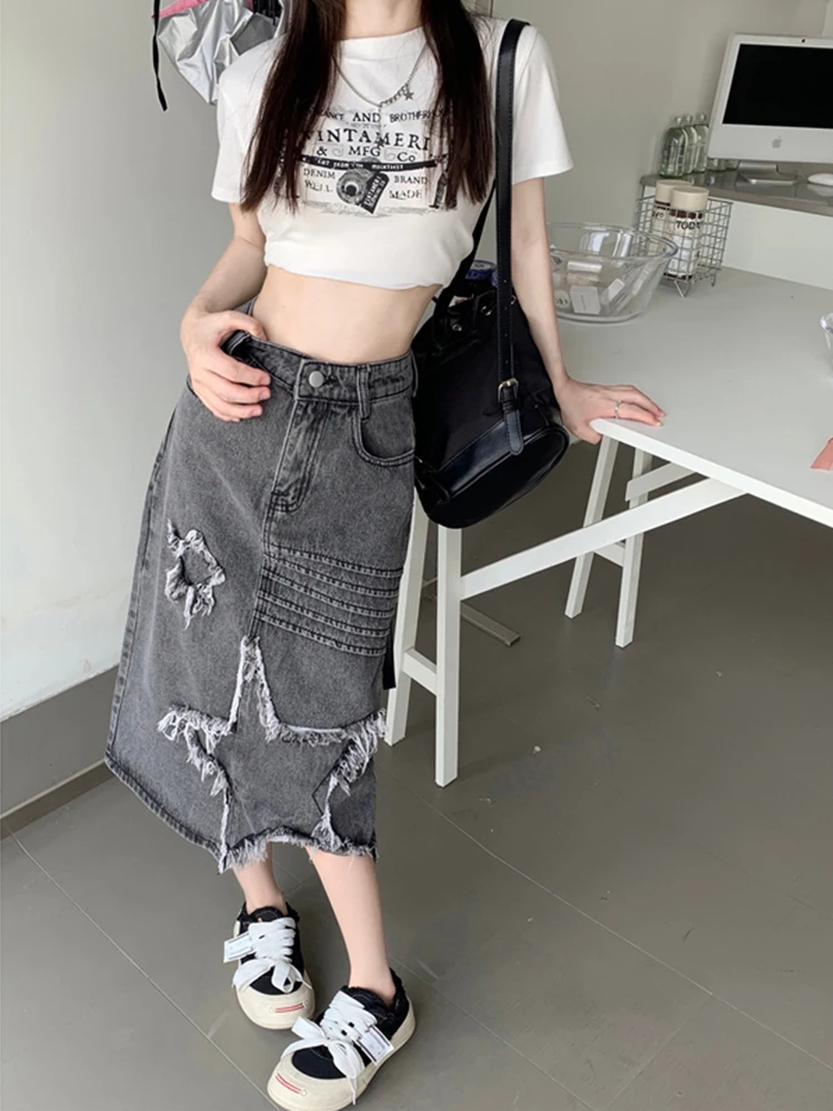 Women Star Denim Skirt Y2k A-Line Skirts Harajuku Korean Vintage 90s Aesthetic Long Jeans Skirt 2000s Trashy Clothes Summer 2024