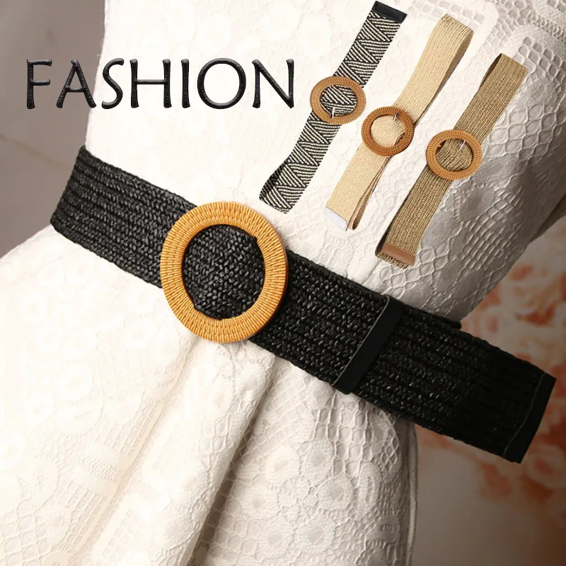 

1Pcs Straw Woven Elastic Belt for Wome Teenager Vintage Wide Stretch Waistband for Dress Boho Ladies Summer Dress Belt
