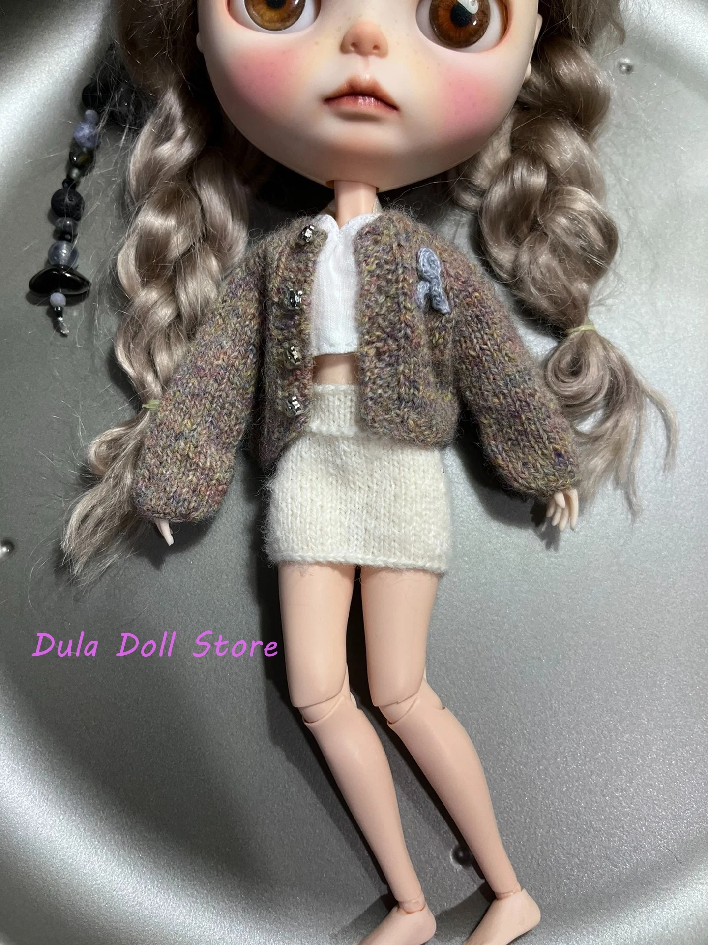 Dula Doll Clothes Dress Hand-mixed color wool yarn knitted sweater for Blythe Qbaby ob24 ob22 1/6 6 points body doll