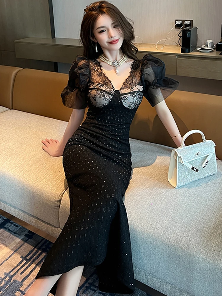 2023 Summer New in Dresses Women Elegant Noble Black Dress Sheer Puff Sleeves Split Fishtail Robe Femme Prom Party Vestido Mujer