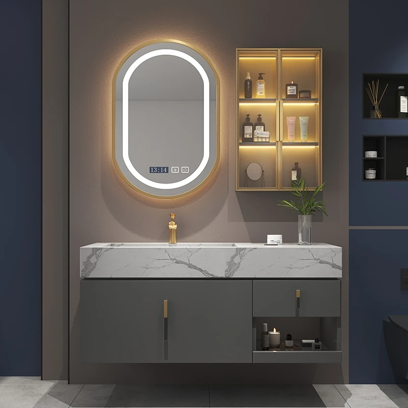 Light luxury rock plate integrated basin bathroom cabinet combination simple intelligent bathroom washstand wash basin cabinet