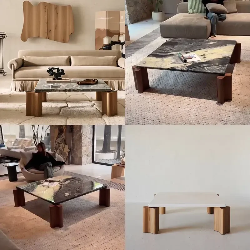 Simple Modern Square Marble Coffee Table Medieval Retro Nordic Convertible Farmhouse Style for Home Decor Living Room