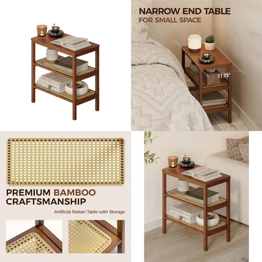 Mesa final de vime de 3 camadas de meados do século com armazenamento, mesa de centro fina, mesa de cabeceira boêmia de bambu