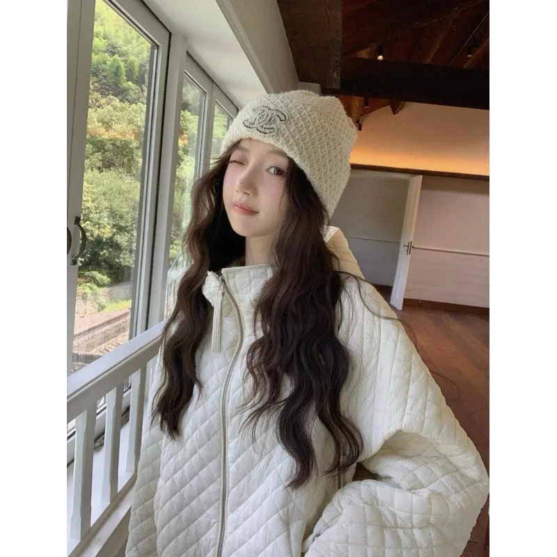 2026 New Women Casual Cropped Quilted Jacket Hooded Zip Up Long Sleeve Loose Solid Warm Coat Fall Winter