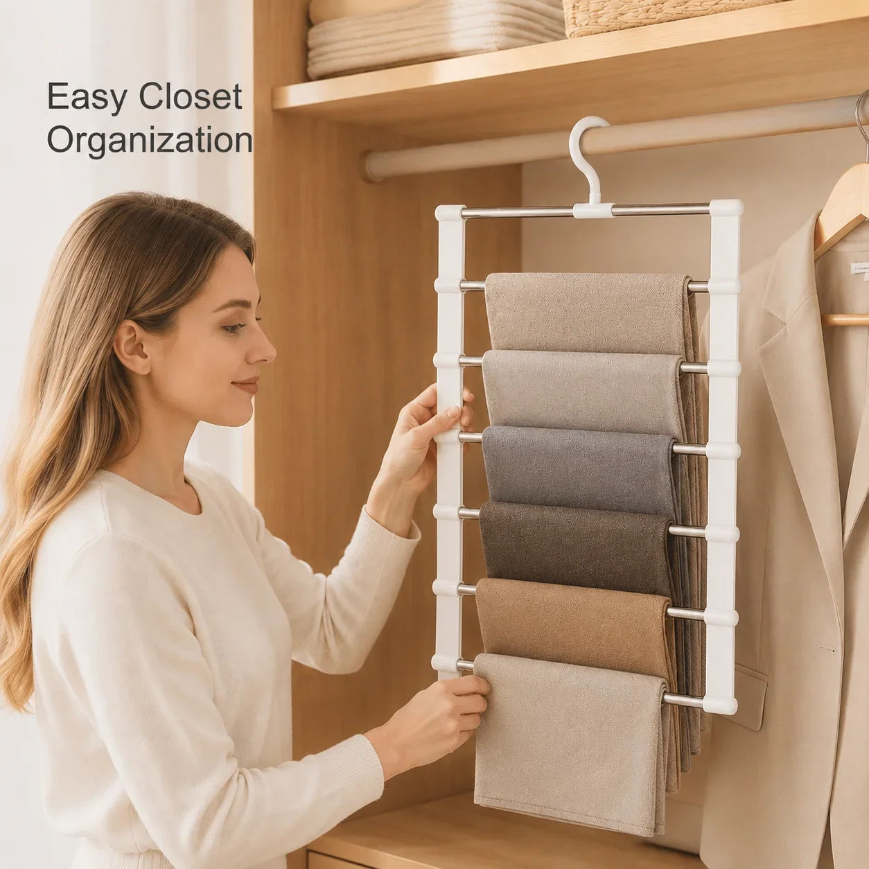 6 Tier Pants Rack Multi Layer Trouser Hanger with Hook Closet Space Saver Storage for Slacks Leggings Belts Ties Scarves Home
