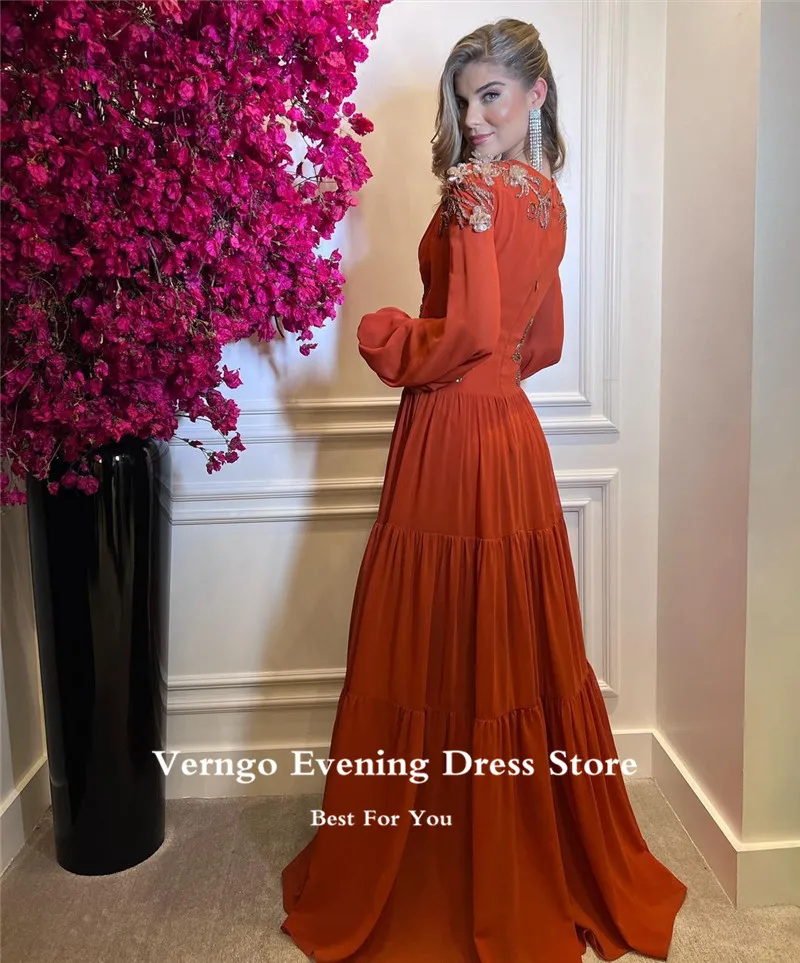 Verngo Burnt Orange Chiffon A Line Evening Dresses Long Sleeves V Neck 3D Flowers Tiered Mother Chic Formal Party Prom Gown