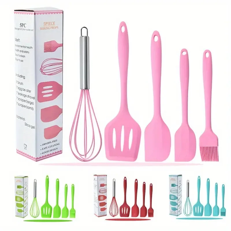Juego de utensilios de cocina de silicona coloridos, raspador grande, mezclador de raspador pequeño, cepillo de aceite, espátula larga, herramientas de cocina para hornear de Color, 5 uds.