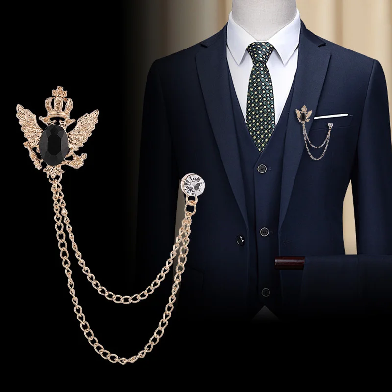 Fashion Retro Crown Rhinestones Brooch Pins Eagle Tassel Chain Lapel Pin Suit Shirt Vintage Jewelry for Women Men Accessories