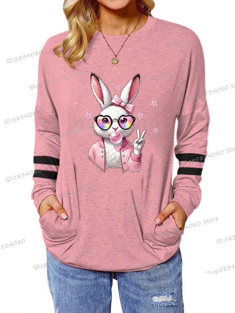 

Women Basic Long Sleeve Easter T-shirt Cute Bunny Blow Bubbles Spring Y2K Tops Cartoon Easter Rabbit Lover Gift Streetwear