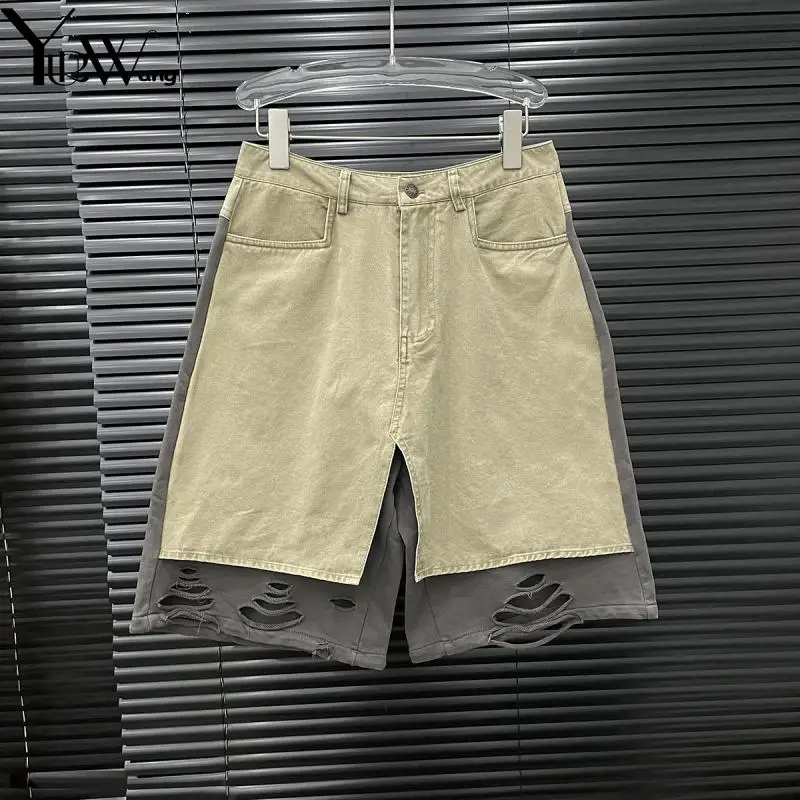 

YUERWAN Women Pant Capris 2025 Summer Color Matching Fake Two Hole All Match High Waist Loose Casual knee length Trousers New