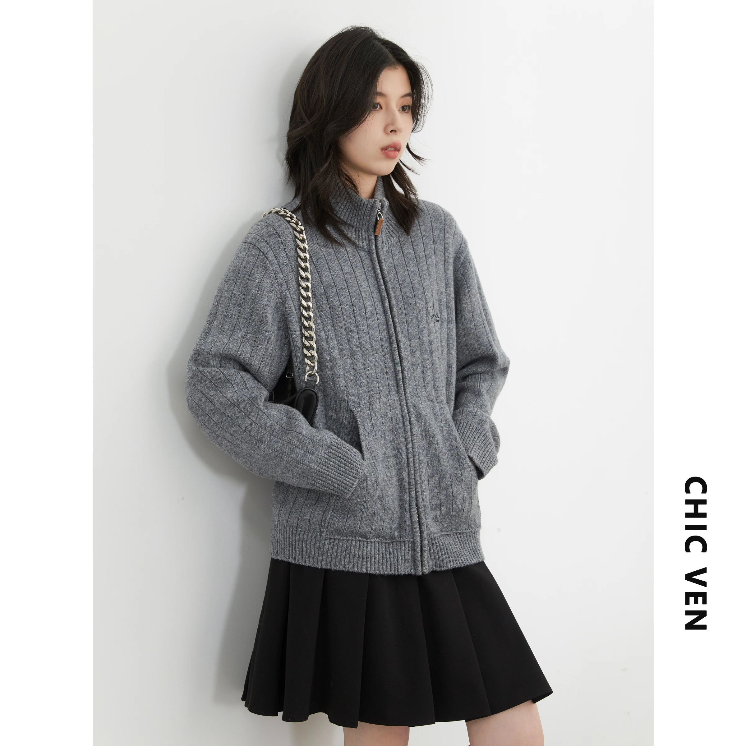 CHIC VEN Korean Women Knitted Cardigan Solid Embroidery Print Loose New Stand Up Collar Female Sweaters Autumn Winter 2024