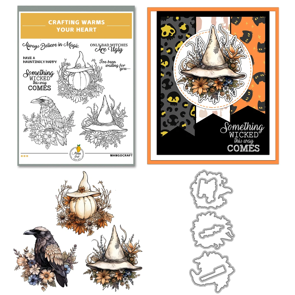 Mangocraft Halloween Pumpkin Witch Crow Metal Cutting Dies Clear Stamp DIY Scrapbooking Dies Silicone Stamps For Cards Albums image 2