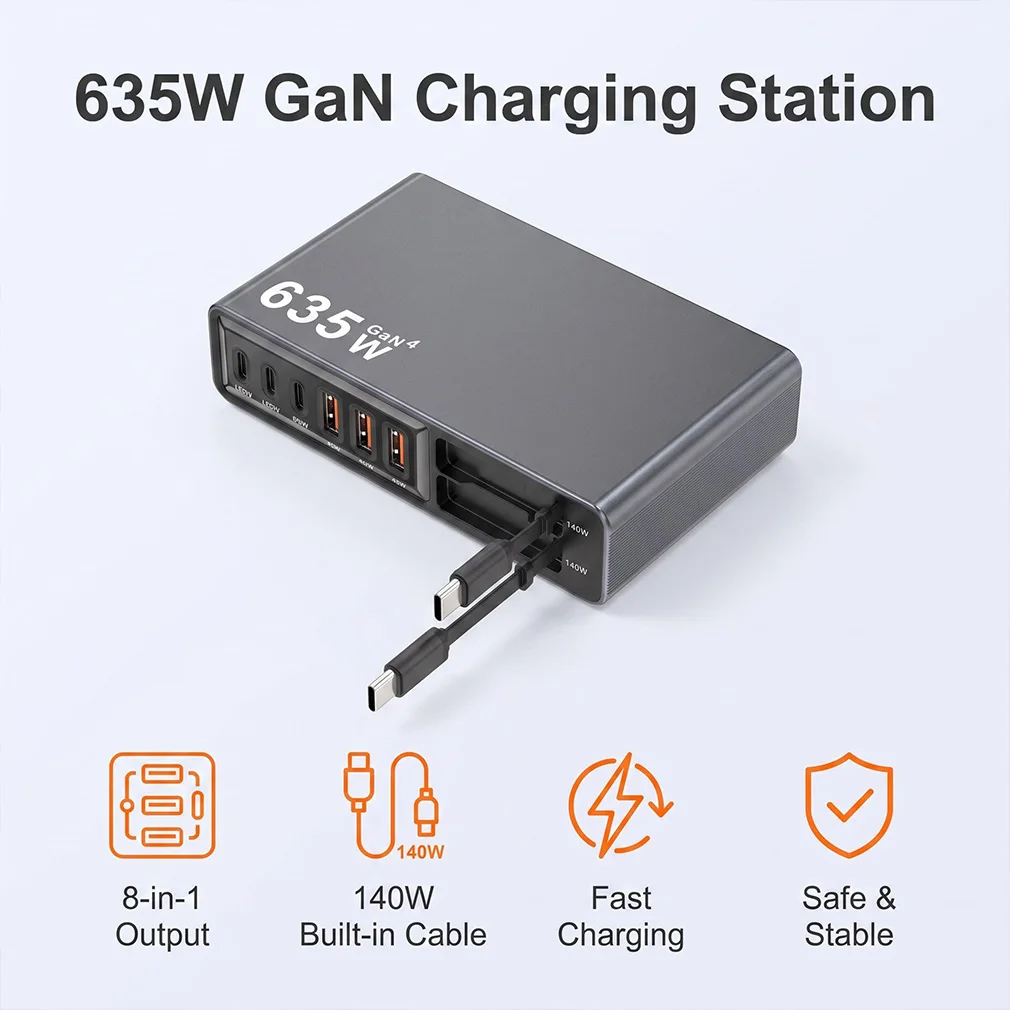 New 635W GaN Desktop Fast Charger with 140W Retractable USB C Cable Charging Station for iPhone 17 Samsung Tablet Dropshipping