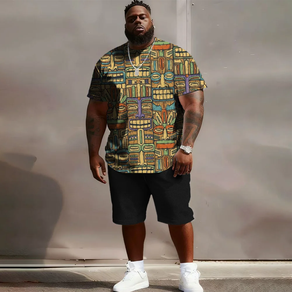 

S-9xl plus size Men's Short Sleeve Set: Ethnic-Edge Vibe - 2-Piece Big & Tall Fit, Soft Fabric, Sleek Tribal Weave Prints