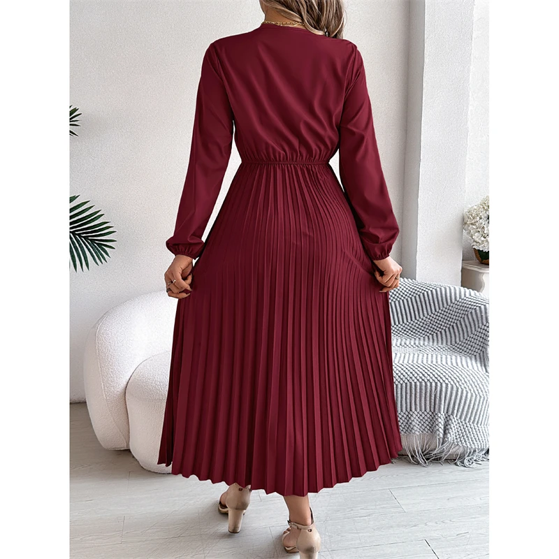 Europeu americano elegante temperamento renda com decote em v plissado saia longa cintura fina primavera verão sólido pullovr vestido feminino tendência