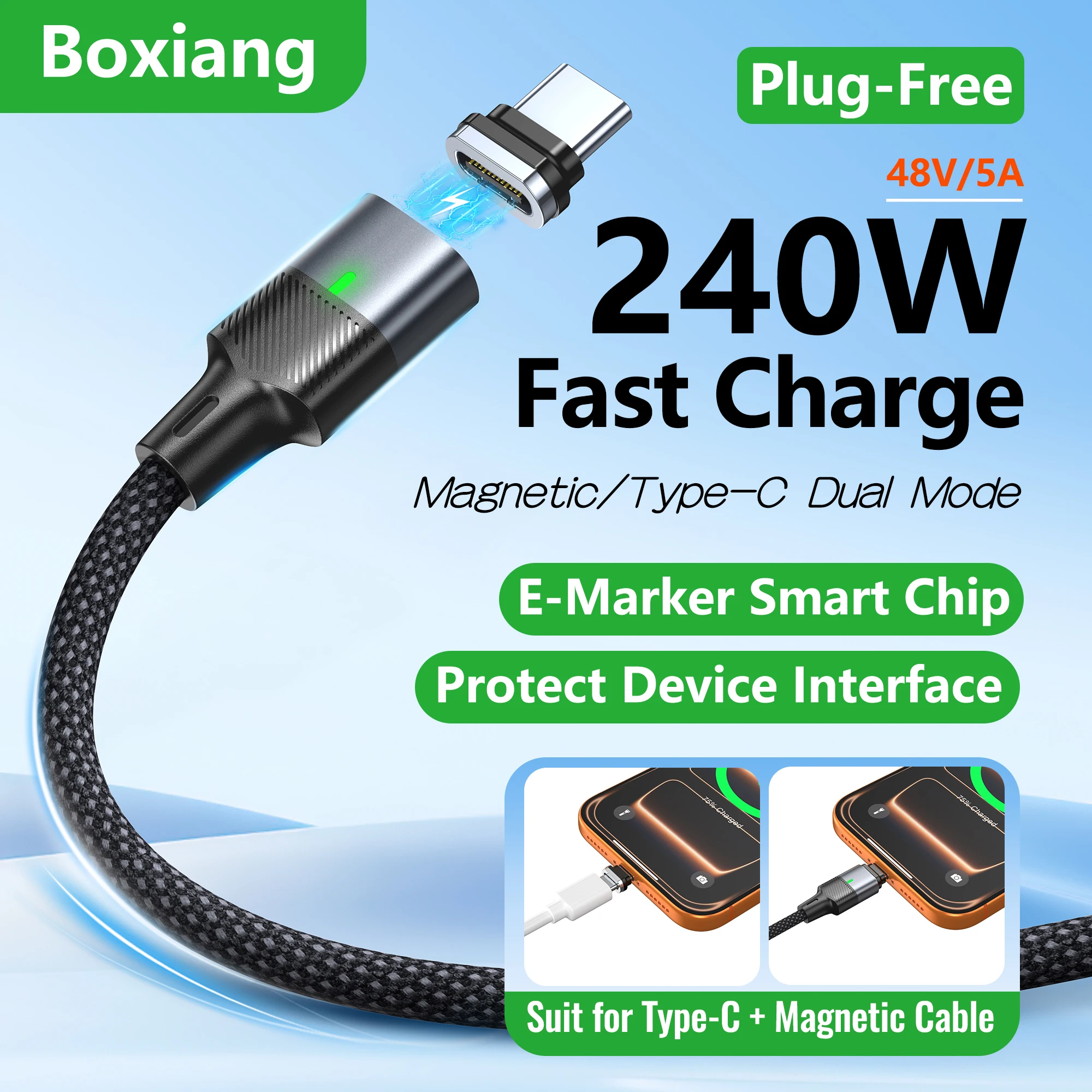 Boxiang Magnetic Plug 240W 48V5A Magnetic USB-C Cable PD3.1Fast Charge 120Gbps High Speed Data Sync Dual Use Type C Charger Wire