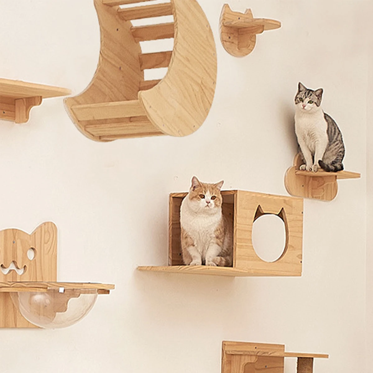 Estantes de madera montados en la pared para gatos, mueble de árbol de escalada, hamaca de cuatro escalones para interiores