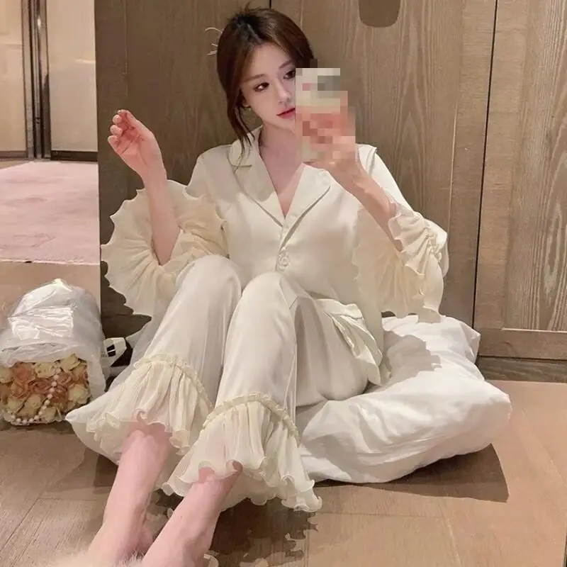 Girls Ruffled Long-Sleeved Trousers Pajamas Set Teenagers Home Wear Women's Spring Summer New Soft Skin Friendly Two Piece Set