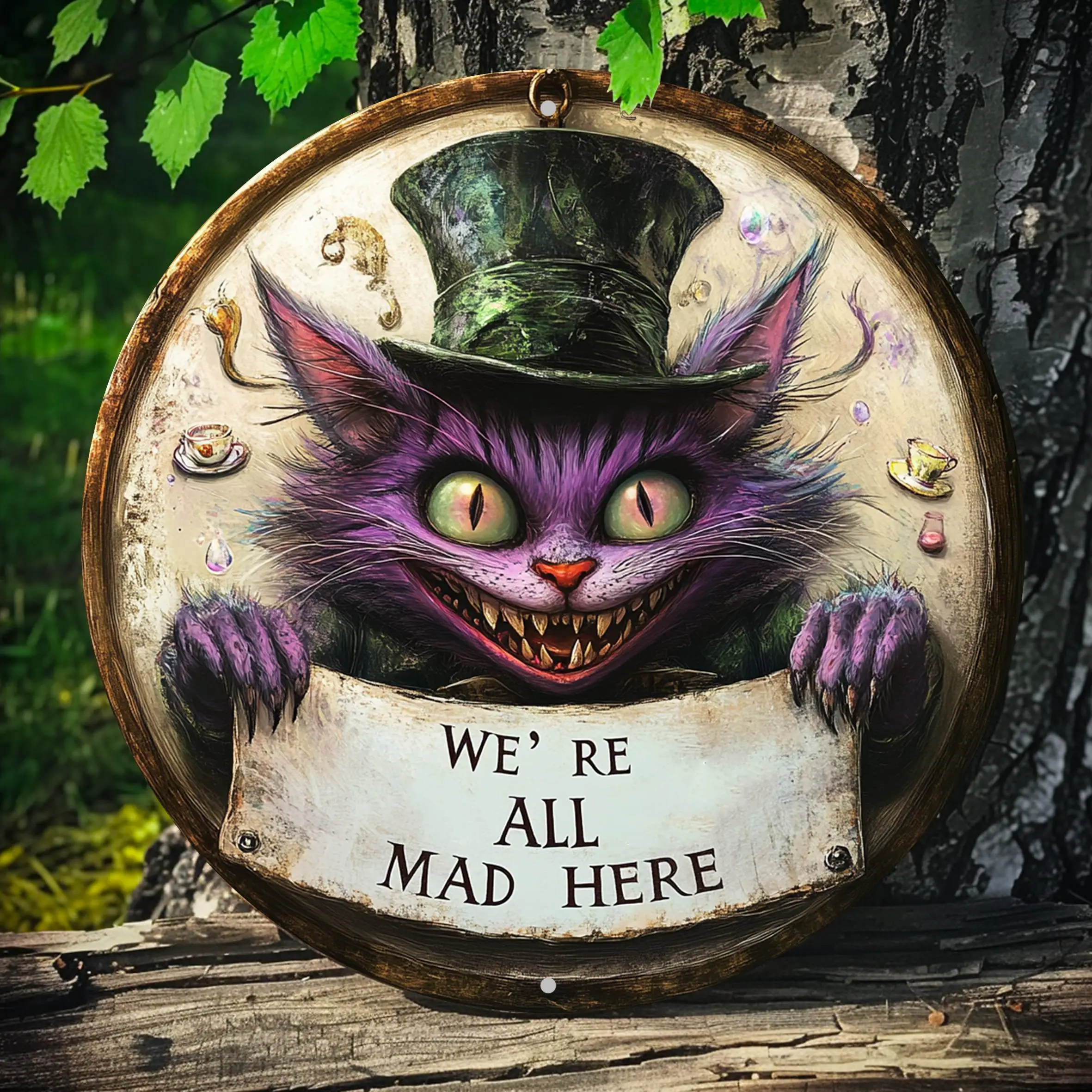 [2D Flat] 1pc Cheshire Cat Whimsical Metal Wall Art - Vintage Round Aluminum Sign with 