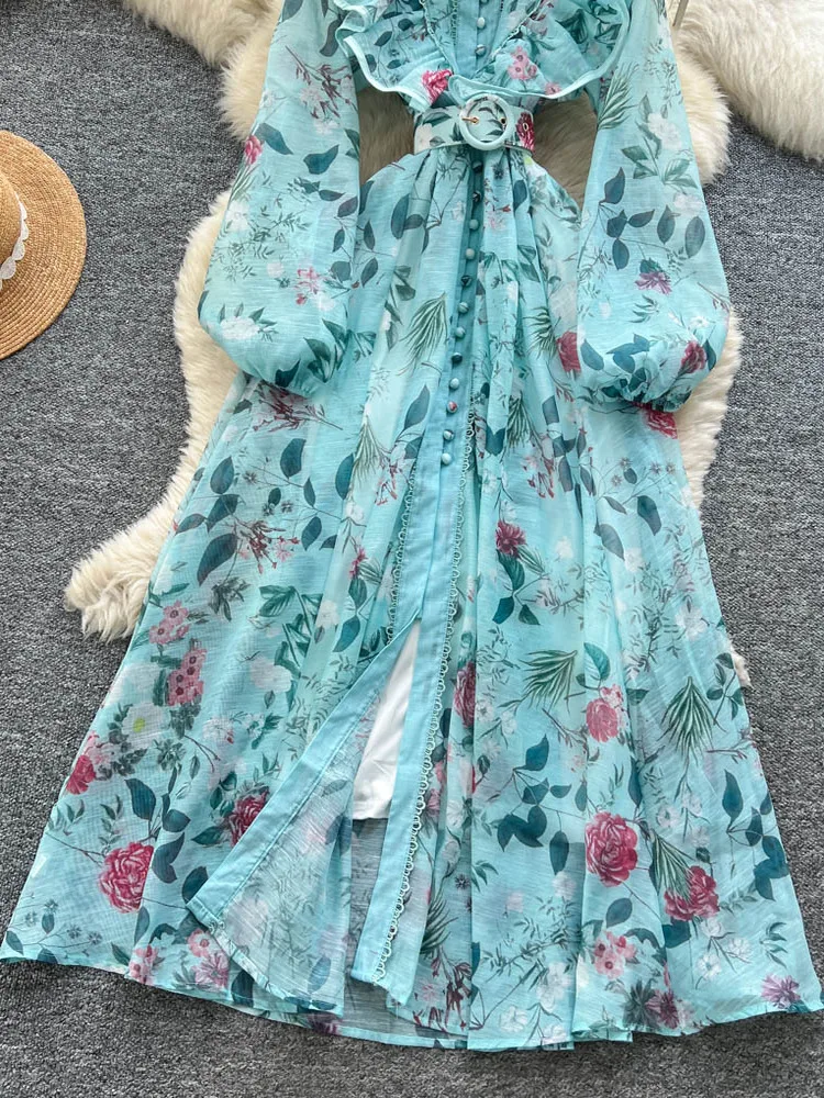 Ele Aosphere feminino Dr luxo com cinto cintura estampada saia longa cintura alta fibra de poliéster verão Ci commute linha A