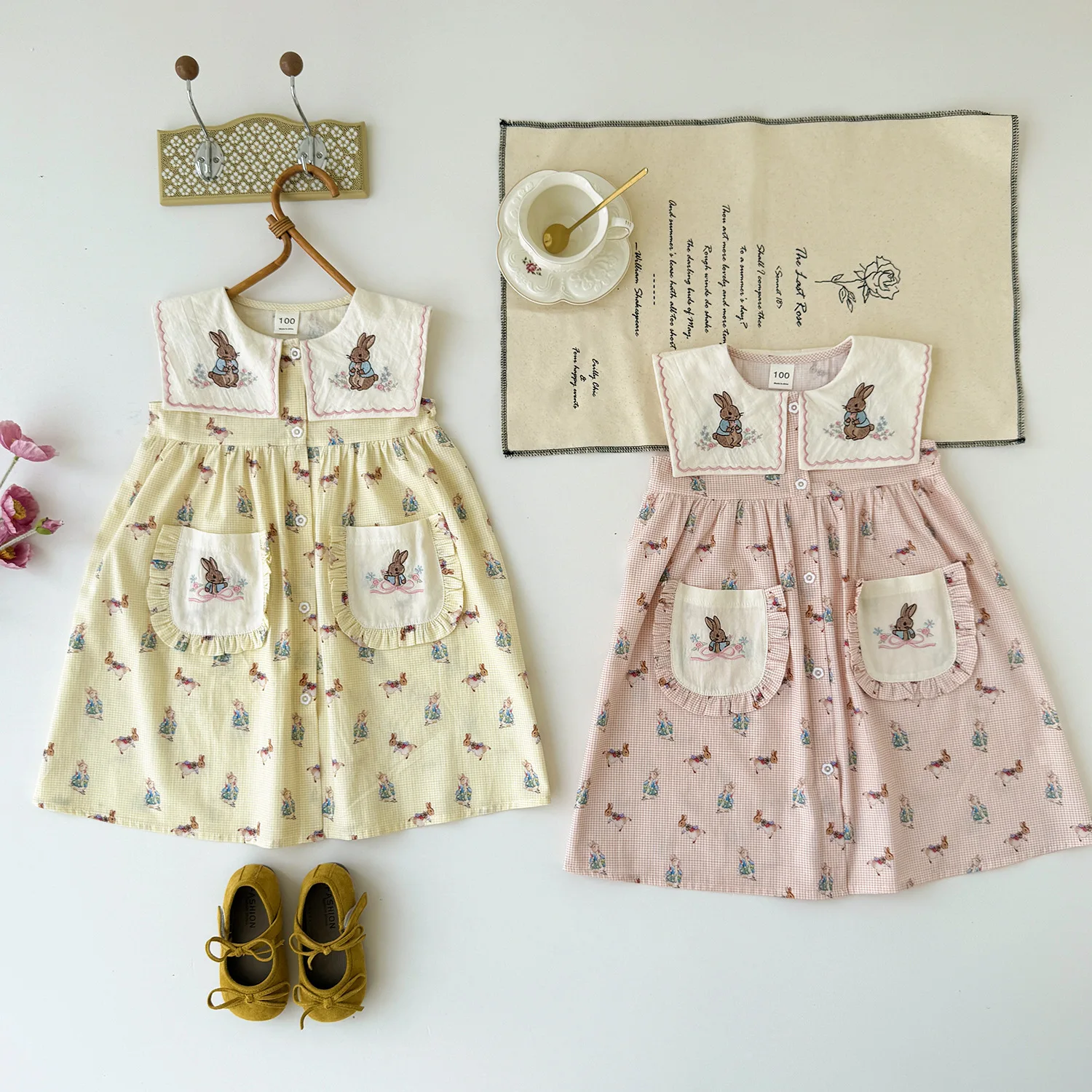 Rabbit Embroidered Dress summer French-style Girls' Dress 2026 Edition bunny Printed Sleeveless Cotton clothes Children's Dress