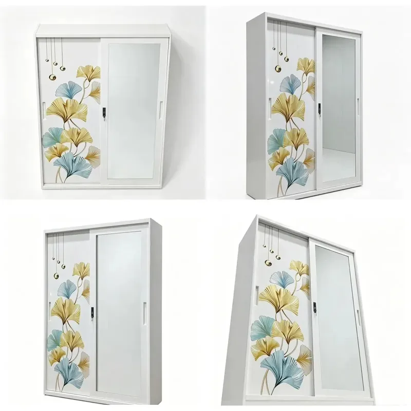 Double Sliding Door Metal Wardrobe with Mirror Steel Locker for Household Bedroom Storage