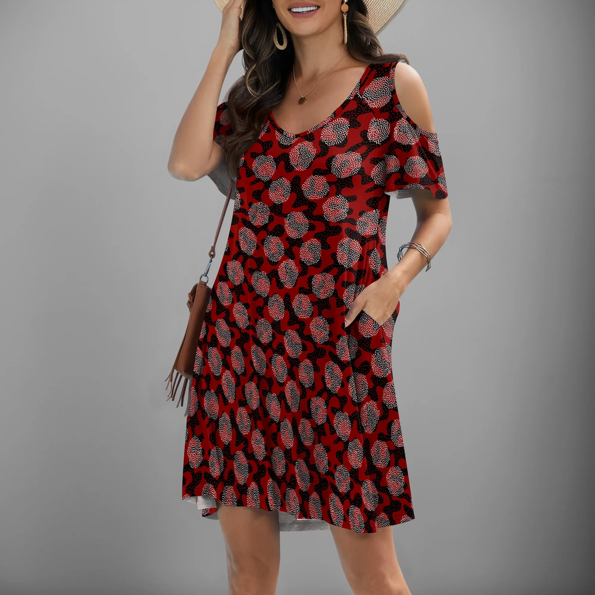 

V-neck Off Shoulder Short Sleeved Women's Mini Dress with Pocket A-type Skirt XS-3XL Elastic​
